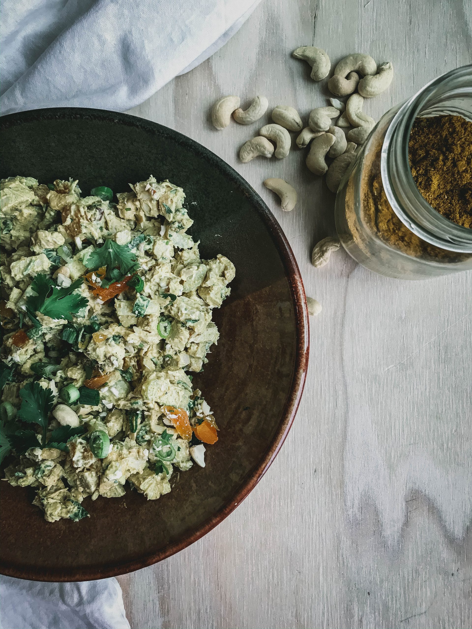 Curry makes the world better and it is proved in this curry chicken salad. I use plain Greek yogurt which, I feel, compliments the warm curry spices. Dried apricots add a sweetness that is really nice but you can use raisins as well. 